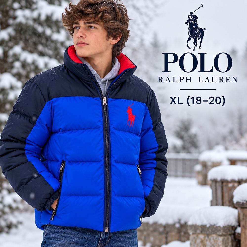 Polo Ralph Lauren Puffer Jacket Boys XL Blue Winter Coat Big Pony Colorblock